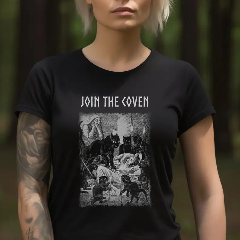 join the coven, witchcraft graphic tee, black cat, black magic t-shirt