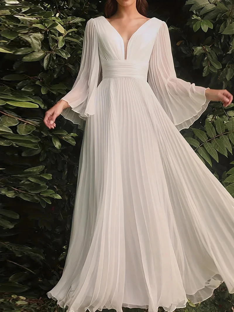 Elegant Pleated Gauze Women Wedding Dress Sexy Ruffles Plus Size Prom Dress Luxury Flare Wing Sleeves Female Bridesmaid Dresses