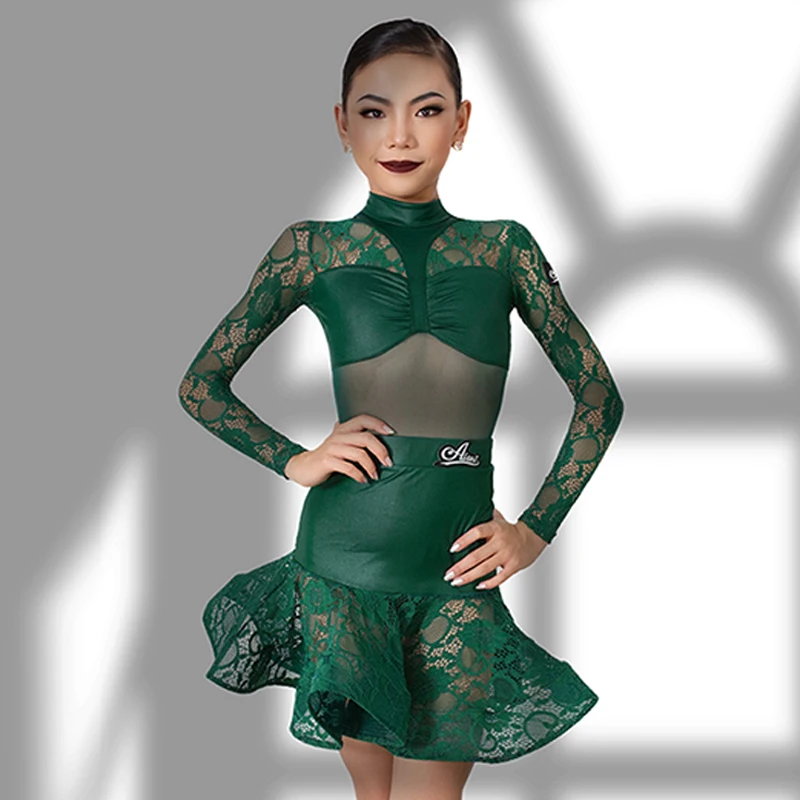 2023 Kids Latin Dance Clothes Long Sleeves Green Lace Dress Girls Ballroom Dance Competition Dress Latina Practice Suit BL11478