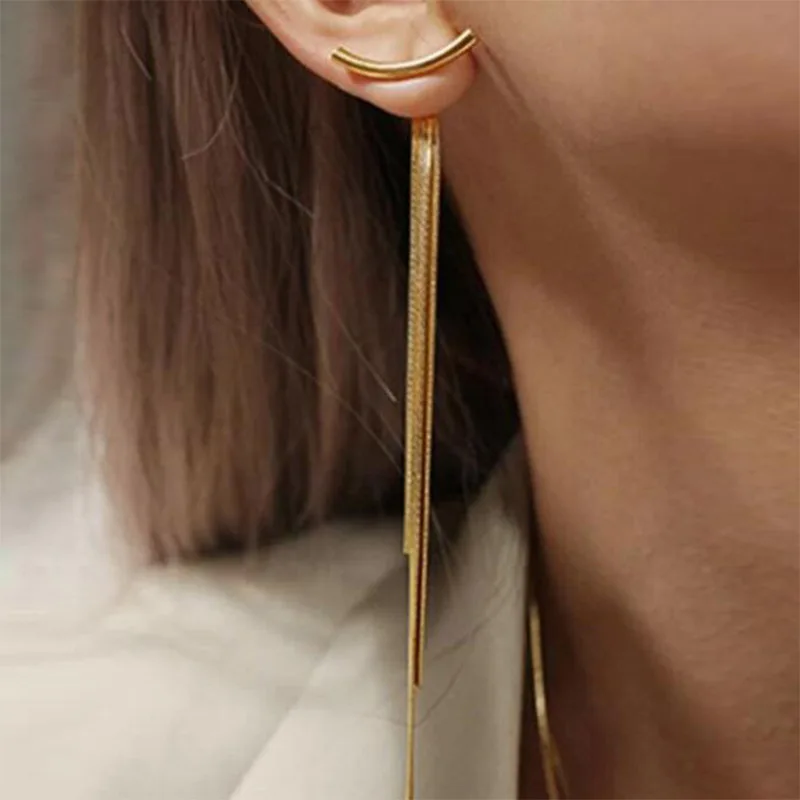 Unique Korean Vintage Glossy Arc Bar Long Thread Tassel Drop Earrings for Women Geometric Fashion Jewelry Hanging Pendientes