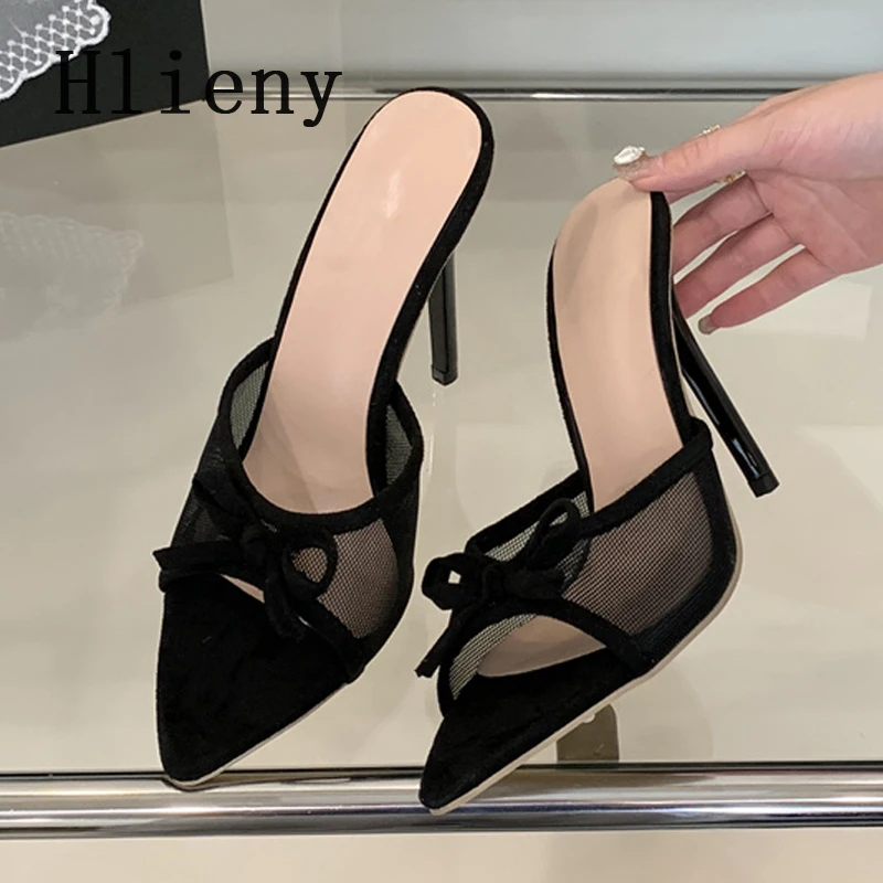 

Hlieny New Sexy Pointed Toe Mesh Slippers High Heels Summer Fashion Butterfly-knot Slip On Slides Women Mules Party Shoes