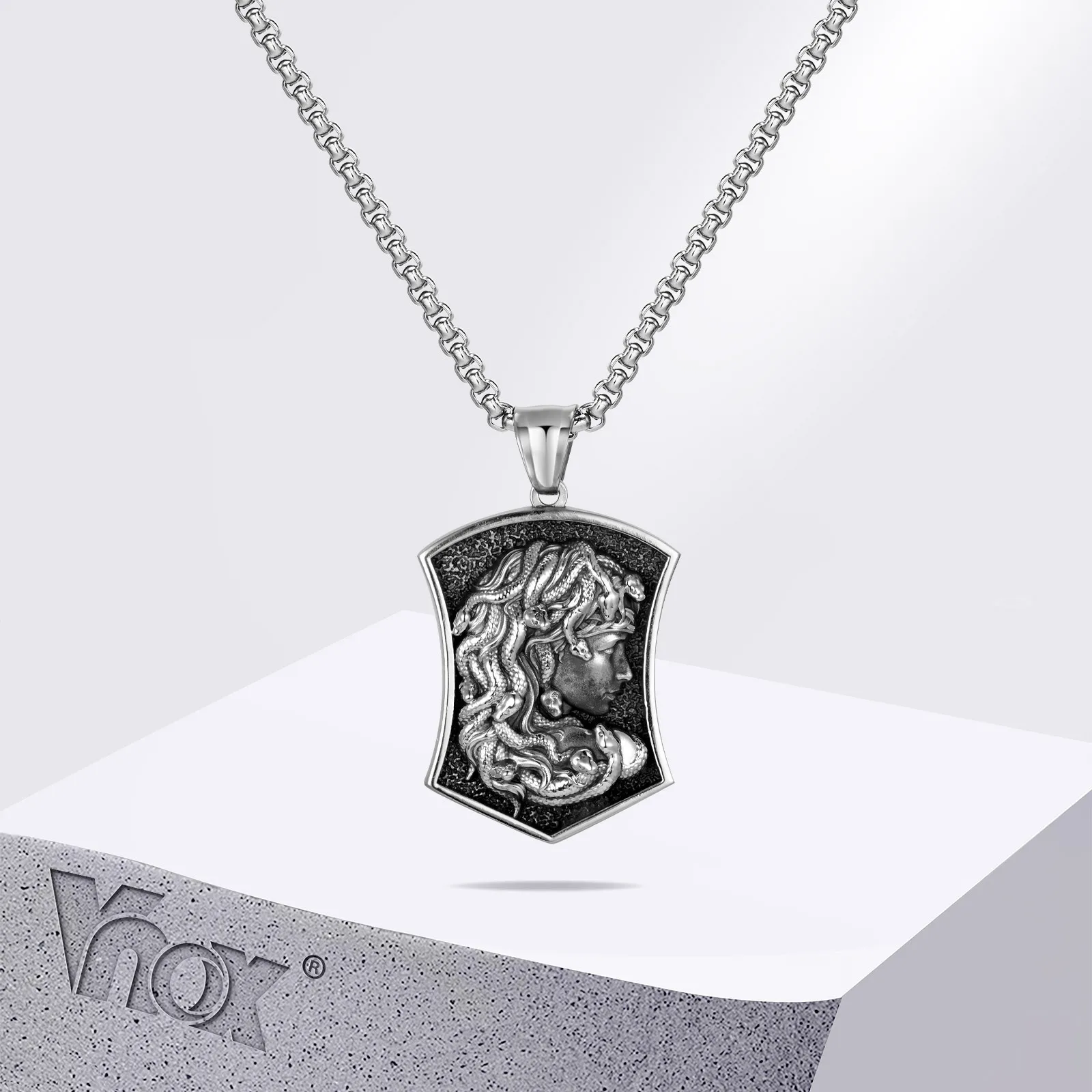 Vnox Punk Medusa Dogtag Necklaces for Men, Cool European Greek Myth Medusa Pendant, Personality Jewelry