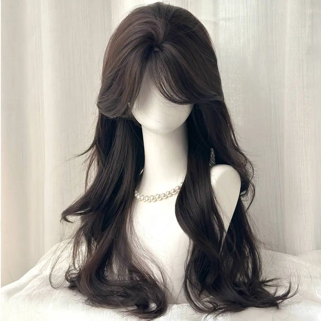 Parrucca femminile con frangia a otto caratteri, capelli lunghi ricci, forma del viso modificata per coprire i capelli bianchi, riedizione superiore, tipo di copricapo completo naturale