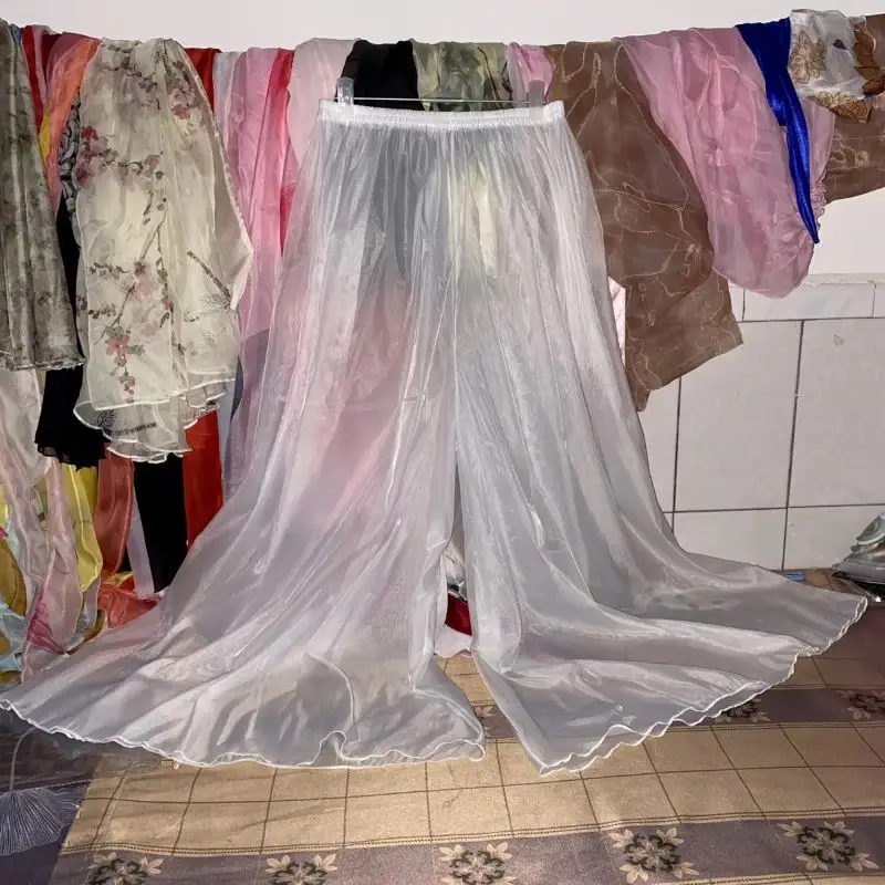 Men Sexy Tulle Glossy Wide Leg Pants Women Erotic Pantskirt Home See Through Thin Plus Size Casual Sleeping Bottoms