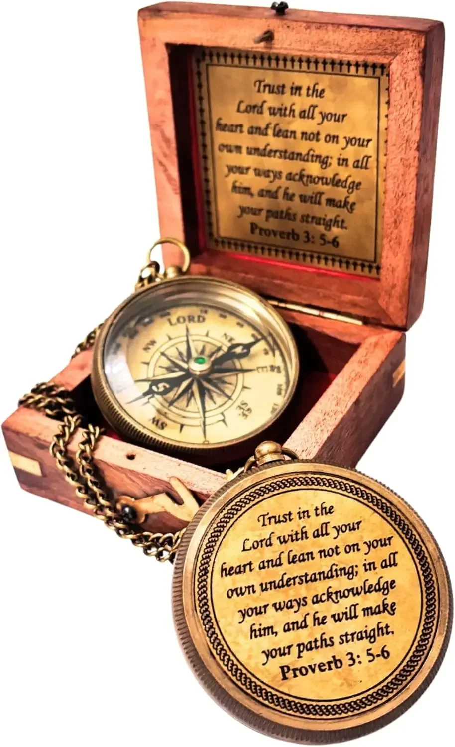 

Engraved Compass with Proverbs 3:5-6, Wood Box, Inspirational Gift for Men, Christian Baptism, Graduation