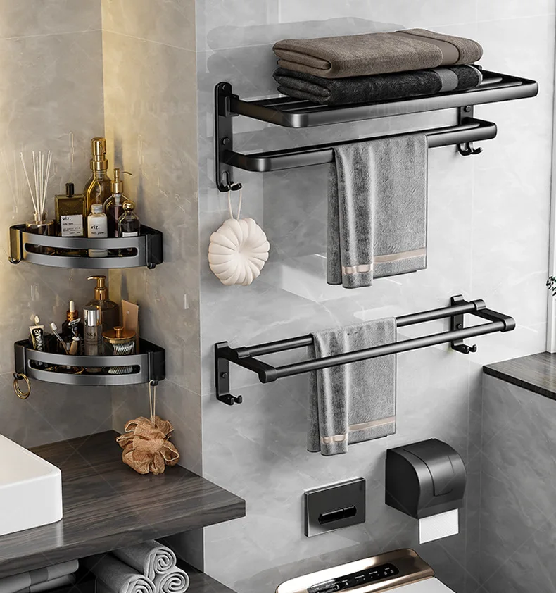 Bathroom Towel Rack Foldable Towel Holder With Shelf Hook Stainless Steel Towel Bars Kitchen Shelf Hanger Wall Mounted Tripods