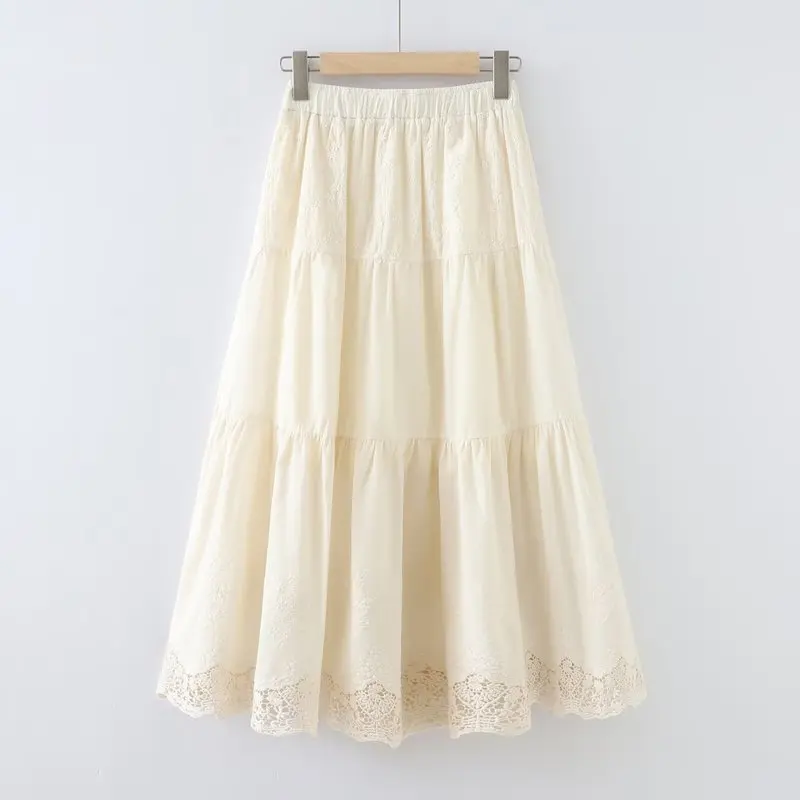 New 2026 Summer Women Cotton Skirt, Elastic Waist Embroidery Patchwork, Mori Girl French Age Reduction INS Loose Skirt B65228CC