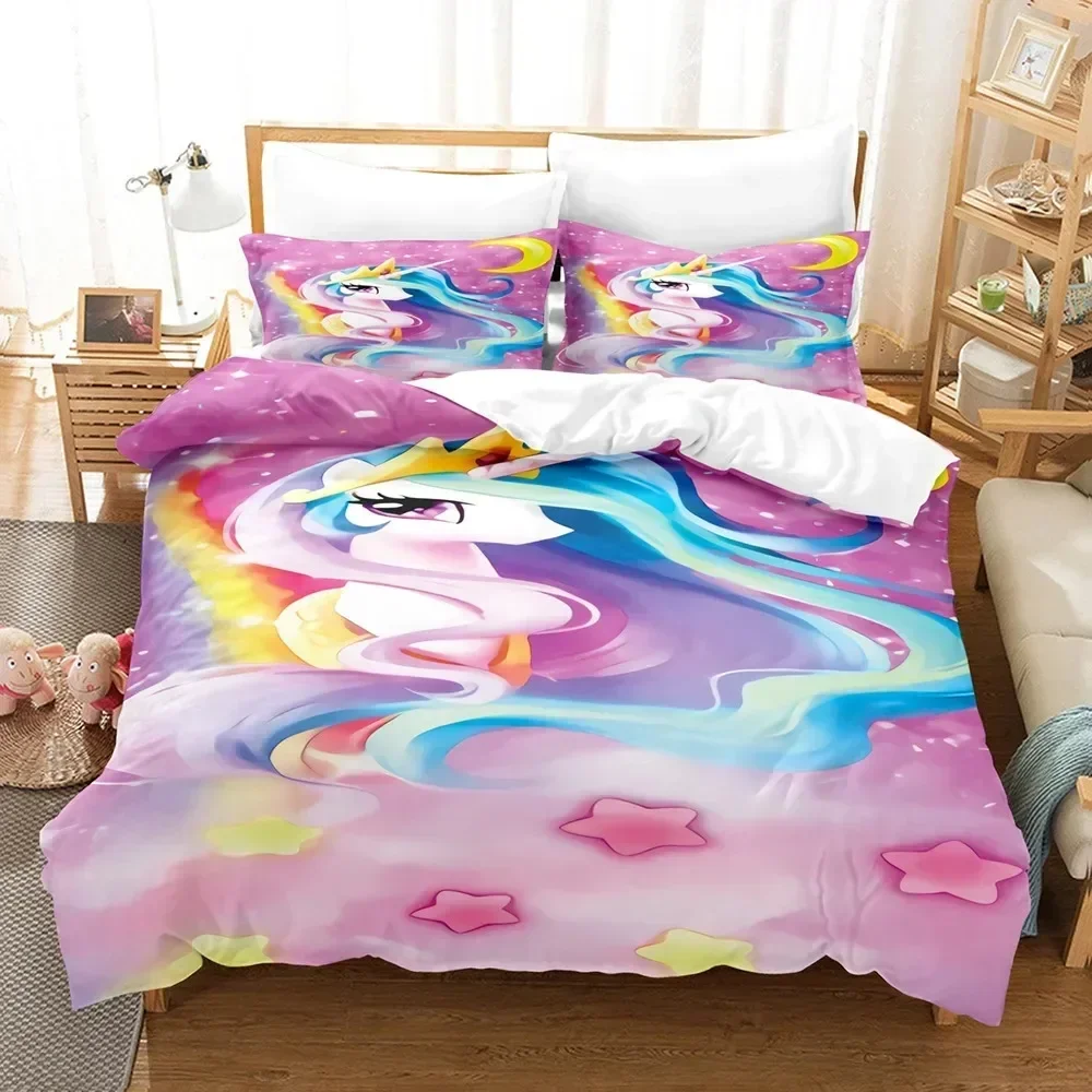 Luxury New 3D Print Kids Cartoon Unicorn Bedding Set Pink Polyester Bed Linen Gift Twin Single Queen King Size Duvet Cover Set