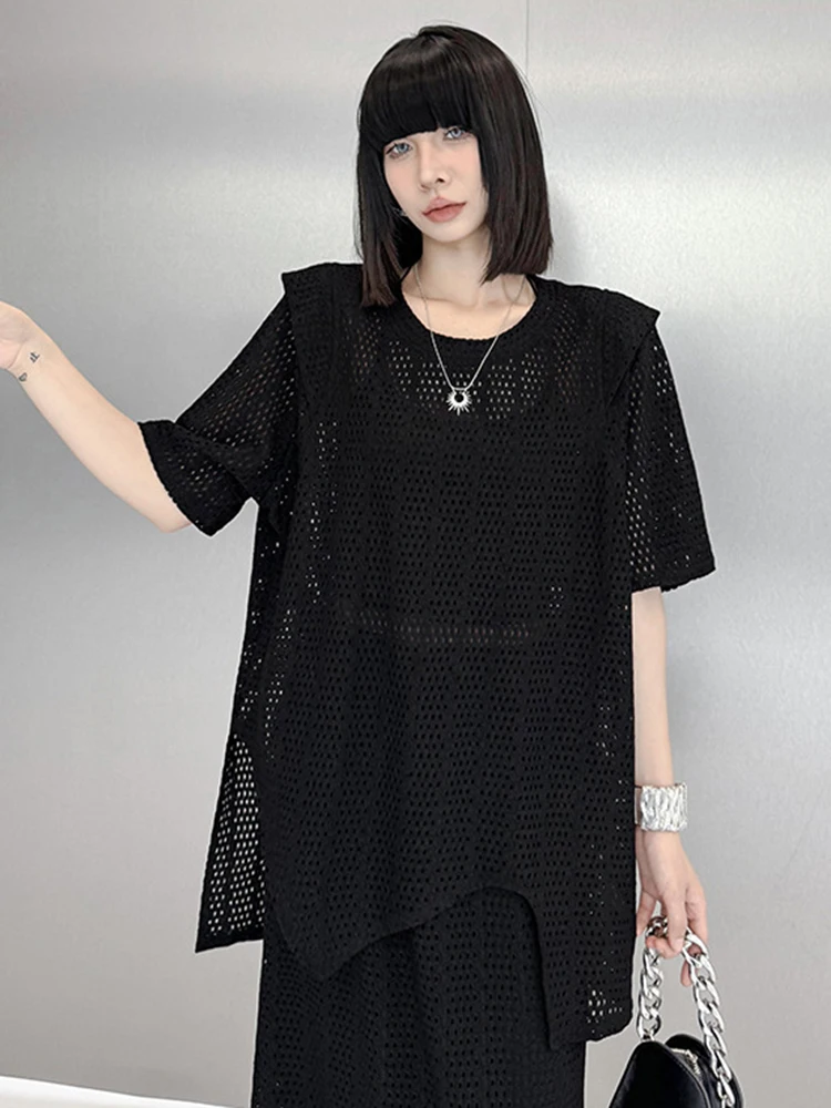 [EAM] Black T-shirt Half-body Skirt Two Pieces Suit New Round Neck Short Sleeve Women Fashion Tide Spring Summer 2024 1DH6089