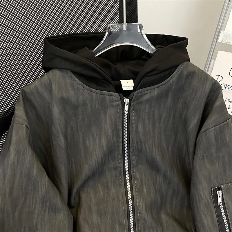 

American Retro Baseball Jaet Men's Spring Autumn Loose Casual Hooded PU Leather Texture Fake Two-Piece Jaet Coat