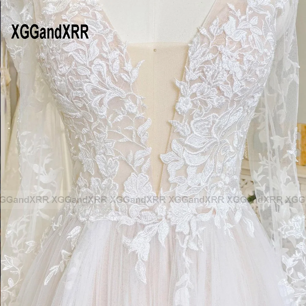 Vestido de novia de encaje con diseño de espalda abierta, vestido de novia Formal con escote en V, mangas largas, Espalda descubierta, apliques de tren de corte, 2023