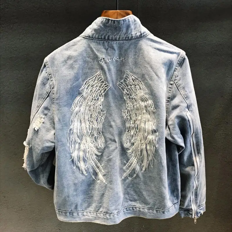 

Vintage Distressed Denim Jacket Men's Angel Wings Embroidery Loose Fit Zip Cuff Ripped Elbow Korean Spring Fall Streetwear Coat