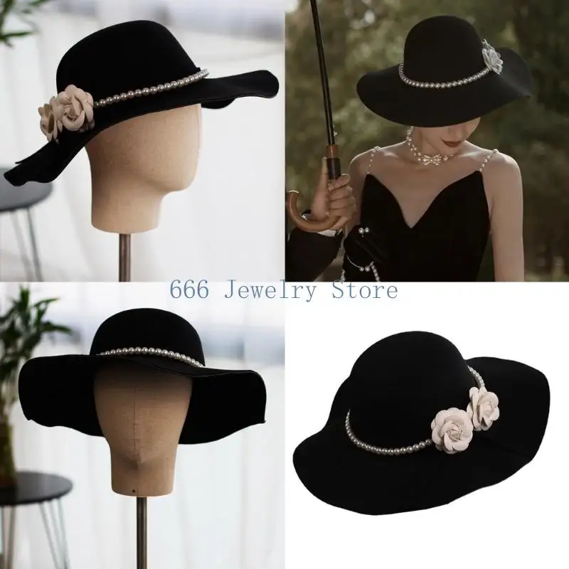 F2TD Oversized Victorian Hat Fascinator Wide Brimmed Bridal Headpiece Camellia