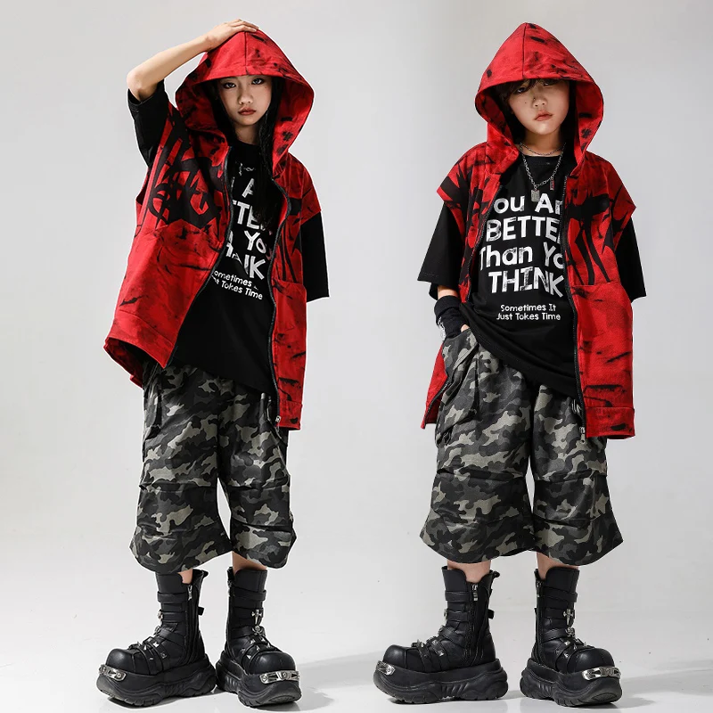 الأطفال قاعة الرقص الهيب هوب أزياء مسرحية للفتيات الأحمر مقنعين القمم التمويه السراويل دعوى الأولاد ملابس الجاز DQS19583