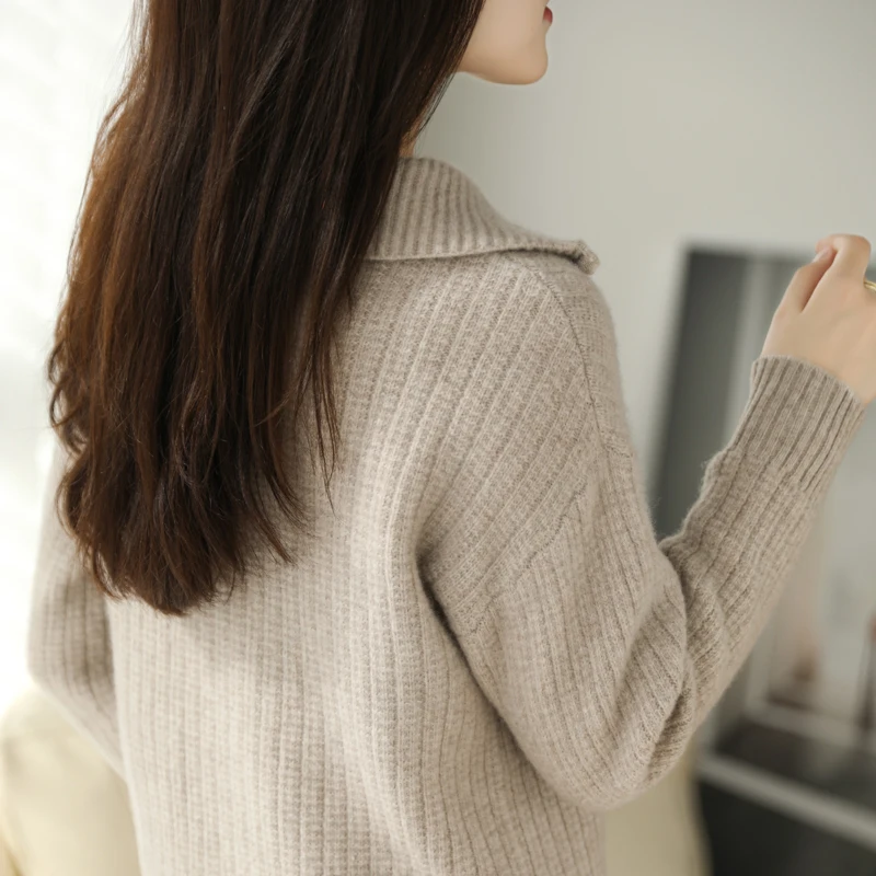 Classic Half zip High collar Wool Pullover Women Knitting 100% Australian Wool Sweater Long sleeves Warm Loose High-quality Tops