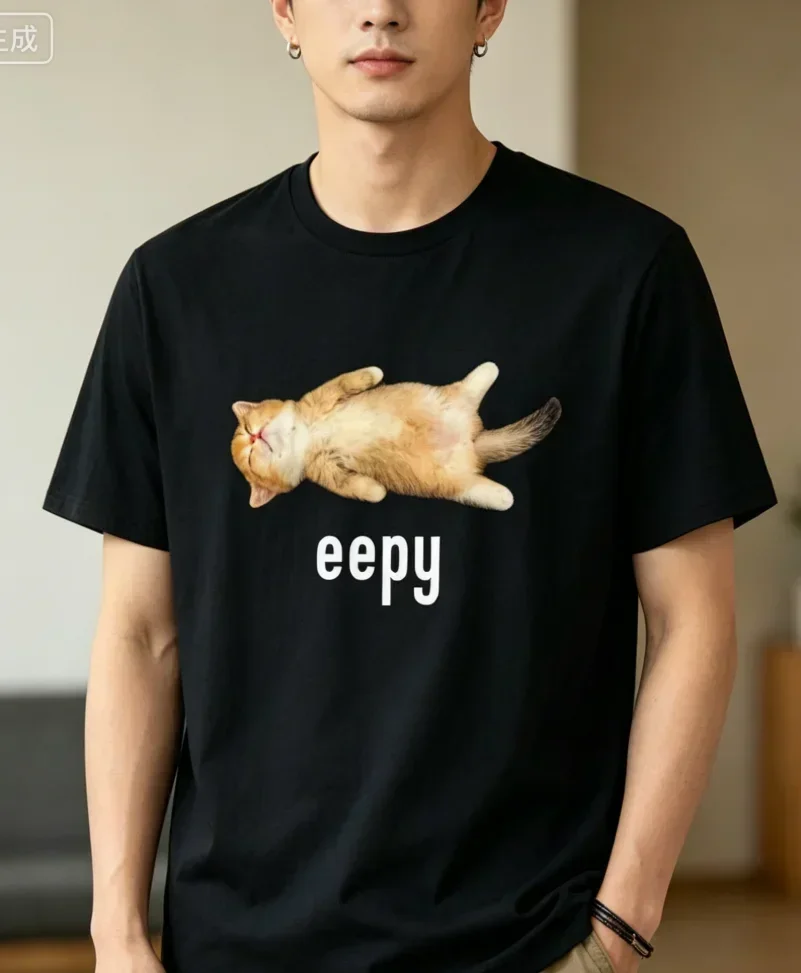 Men's Casual T-Shirt- Vibrant Cat Print Comfortable and Breathable Summer Black 'Eepy' Design, Loose Fit, Machine Washable