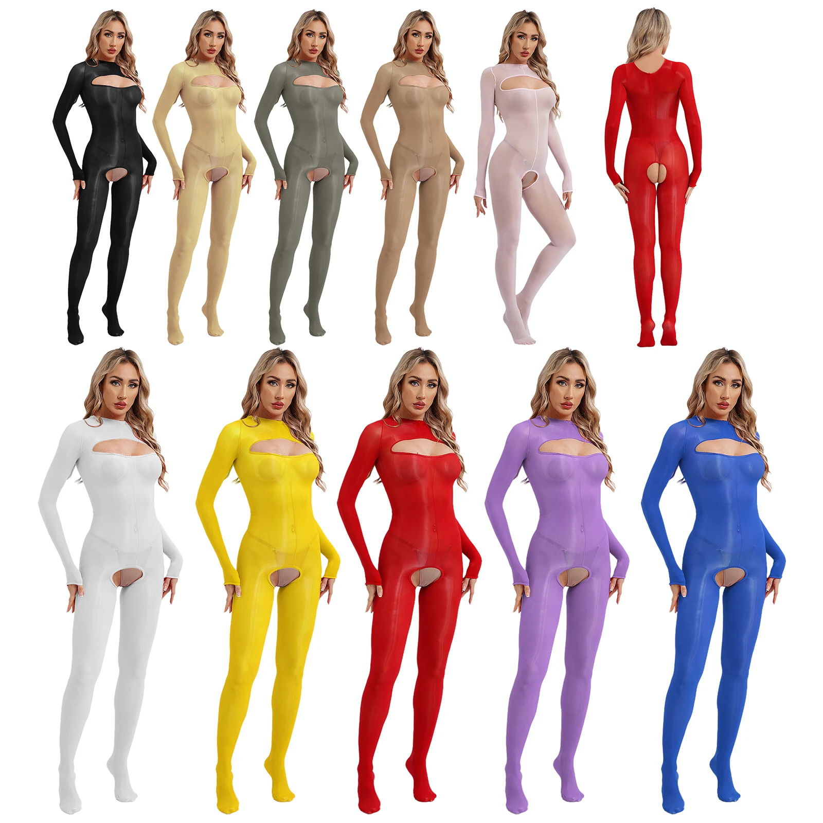 Sexy Women Stretchy See-Through Bodystockings Long Sleeve Open Breast Open Butt Bodysuit for Fun Tempting Nightwear Catsuit