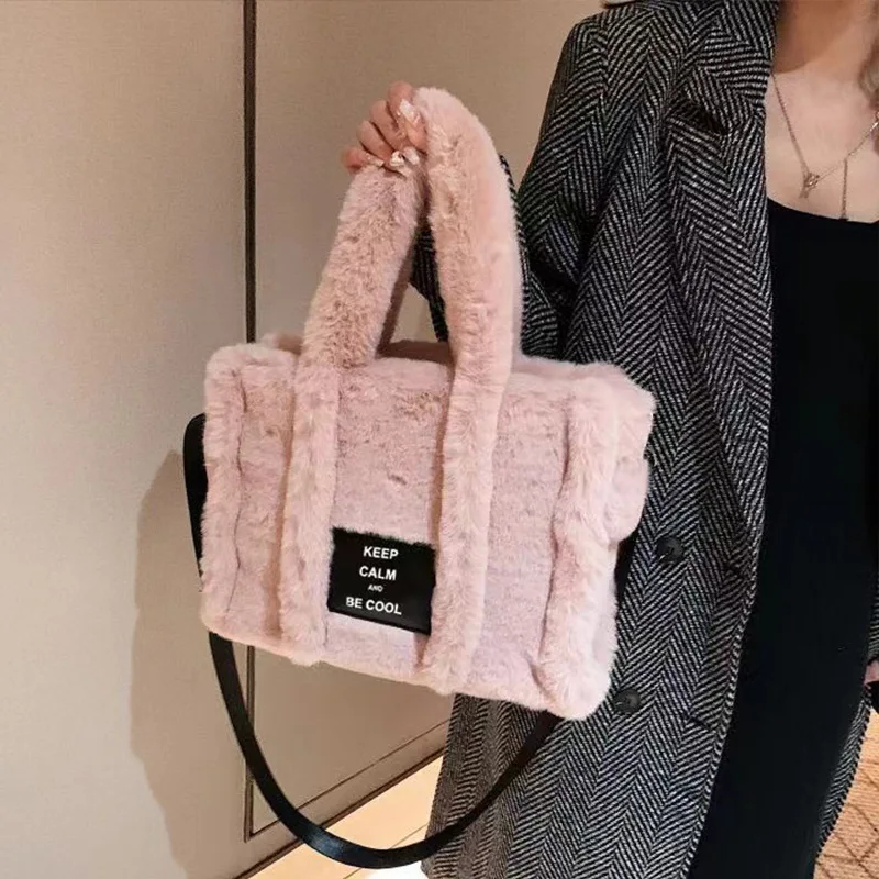 Fashion Faux Fur  Plush Letter Tote Bag Women\'s Simple Large Capacity  Handbag All-Matched One Shoulder Bags Designer CrossBag