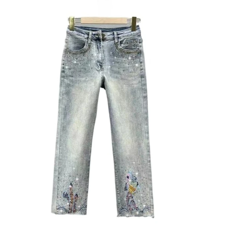 Embroidered Colored Diamond Denim Straight-leg Pants Summer Elastic High-waisted and Thin National Style Eight-point Pipe Pants