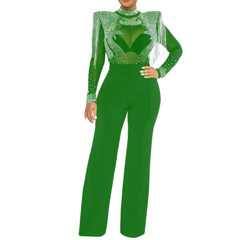 Women's fashionable and sexy casual slim fit high neck transparent diamond hot stamping tassel style women's jumpsuit