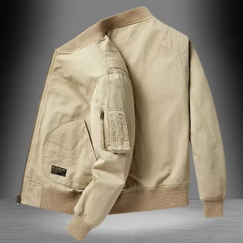 American Retro Loose Men's Jacket Spring Autumn Casual Pilot Coat Stand Collar Open Cardigan Youth Fashion Long Sleeve Zipper