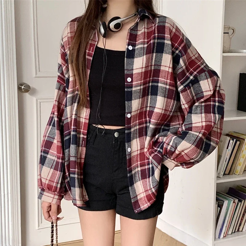 Plaid Shirts for Women Oversized Button Down Checkered Blouse Flannel Shirts Boyfriend Style Casual Tops blusas para mujer
