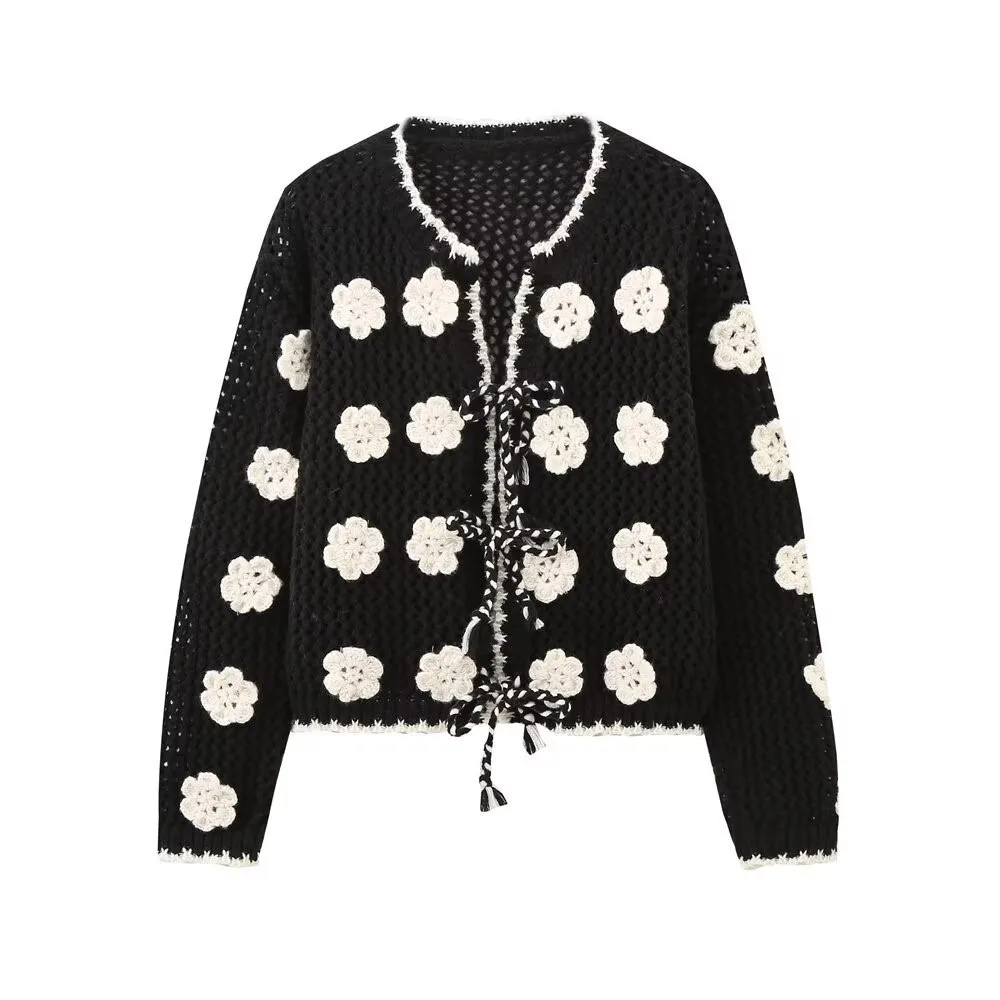 Women's street fashion hook flower coat 2024 autumn new long sleeve knitted cardigan