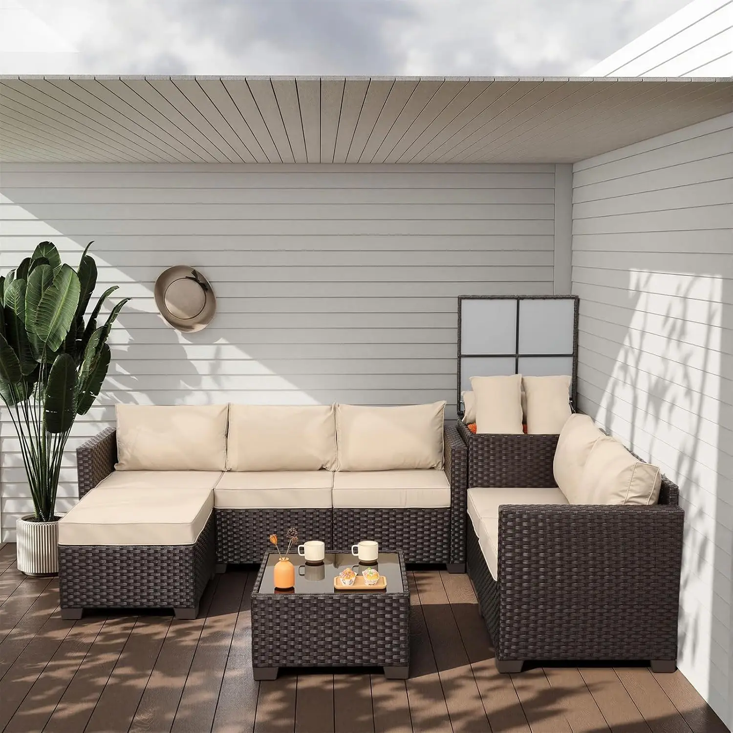 Brown Wicker Patio Furniture Set Sectional Sofa with Storage & Glass Table Non-Slip Cushions Covers, Customized
