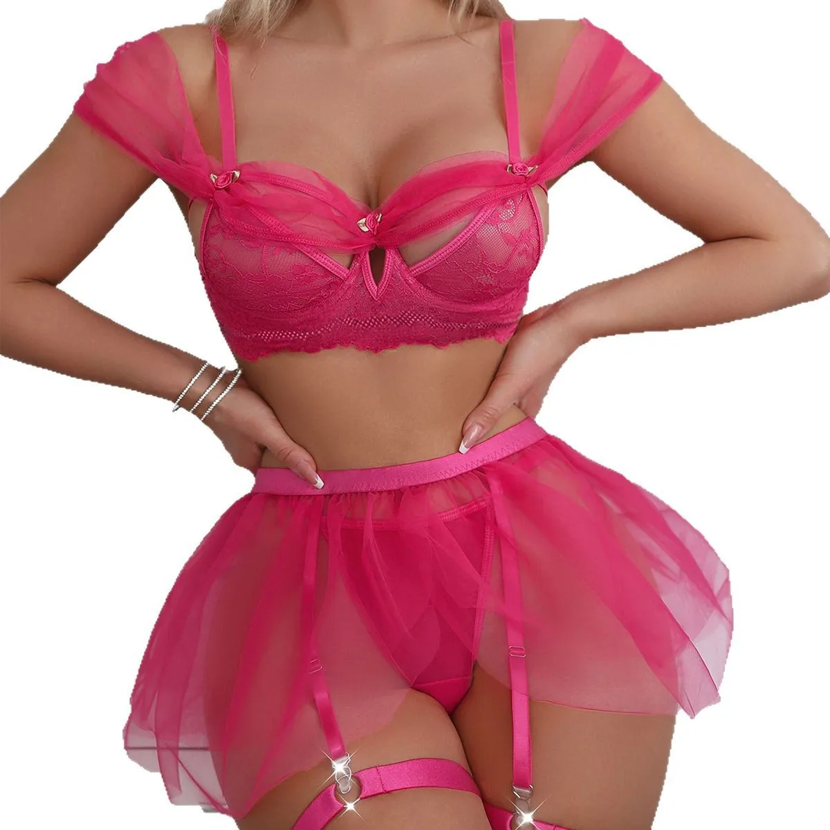 

European and American Sexy Hot Rose Red Mesh Perspective Women's Lingerie Set 30655