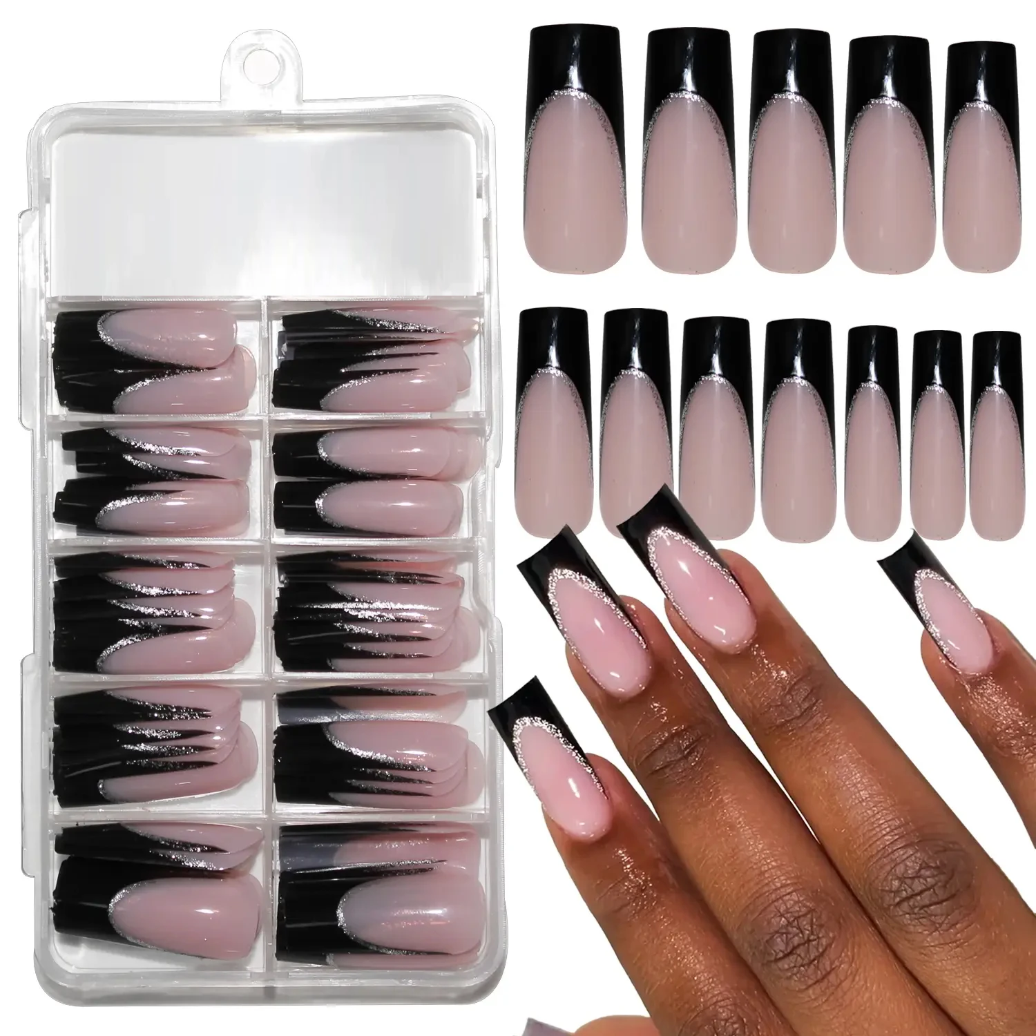 120Pc Long Press on Nails Coffin Fake Nails Black French Tips Nails with Glitter Stick on Nails Designs Acrylic Glossy False Nai