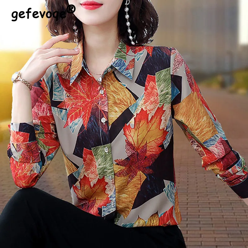 Women Korean Fashion Elegant Print Lapel Button Shirts Spring Autumn Business Casual Office Lady Blouses Female Long Sleeve Tops