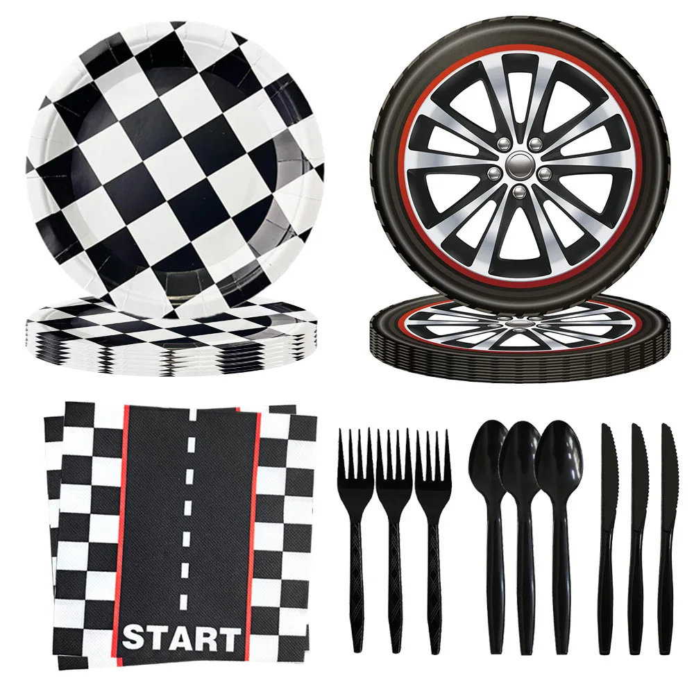 Racing Wheel Tableware Race Car Plates Cups Napkins Car Theme Tableware Checkered Racing Car Birthday Party Decorations Supplies