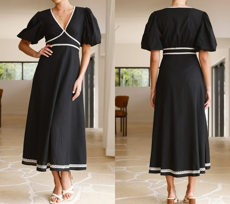 

2025 V Neck Solid Color Lace Bubble Sleeve Waist Long Dress