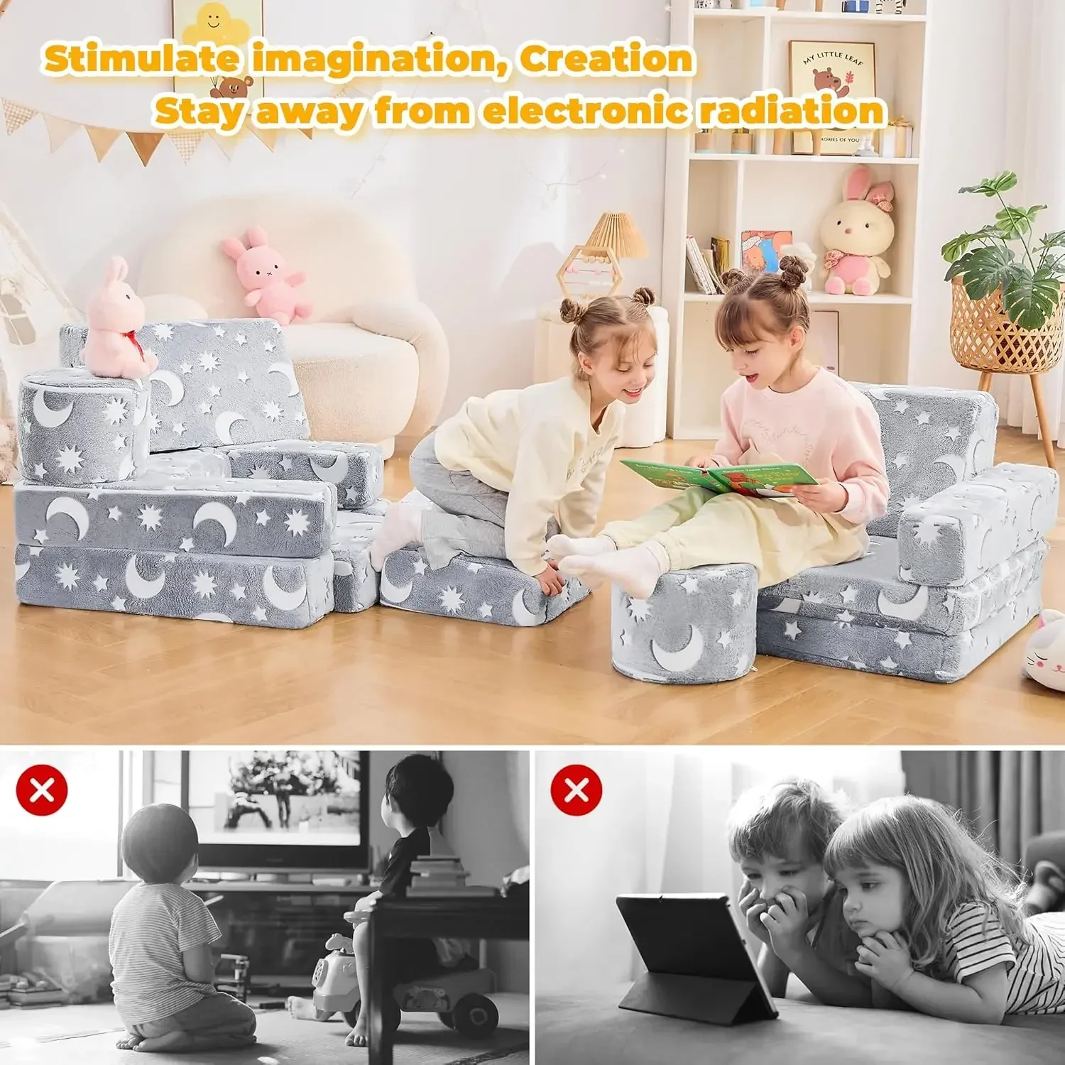 Kids Play Couch, Kids Sofa Toddler Couch, Child Sectional Sofa, Bedroom and Playroom Furniture for Toddlers, Convertible Foam an