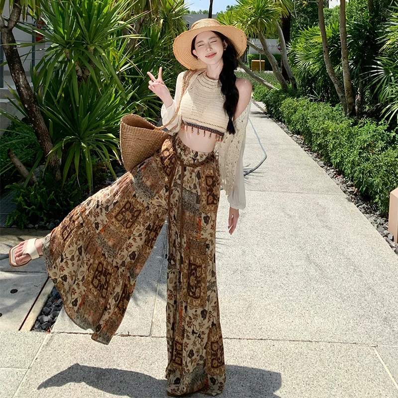 ボヘミアンエスニックスタイル ハイウエスト ワイドレッグパンツ フレアパンツ トラベルロングパンツ ベスト フロア丈 通勤スタイル ポリエステル繊維