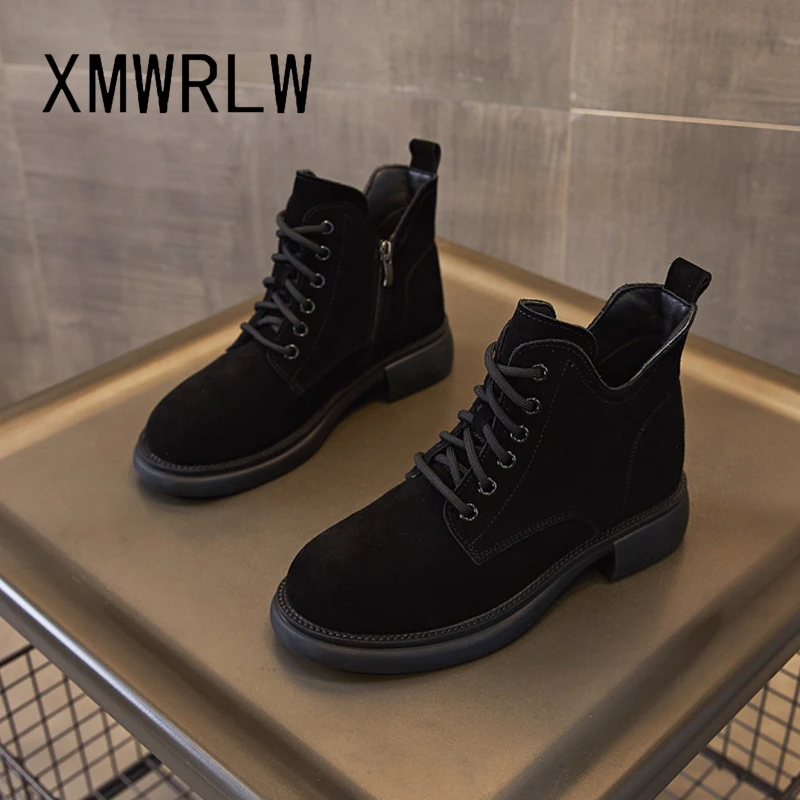 

XMWRLW Autumn Winter Genuine Leather Women Ankle Boots Casual Lace up Ladies Low Heels Ankle Boots For Women Winter Warm Boot