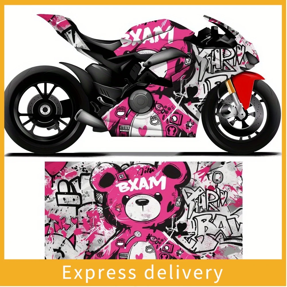 

Vinyl film stickers featuring a creative street art bear on a motorcycle, made of waterproof PVC. These decals are self-adhesive