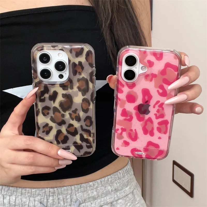 

Fashion Pin Brown Leopard Print Phone Case For iPhone 17 Pro 16 15 14 Pro Max Back Cover Shockproof Cute Protective Cases