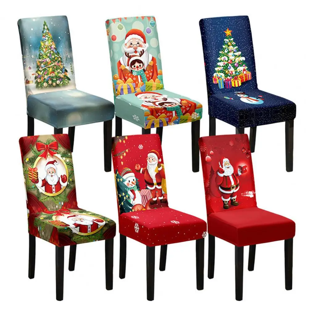 Christmas Chair Covers Dustproof Cartoon Santa Snowman Print Stretchable Fabric Chair Protective Sleeves Christmas Decoration