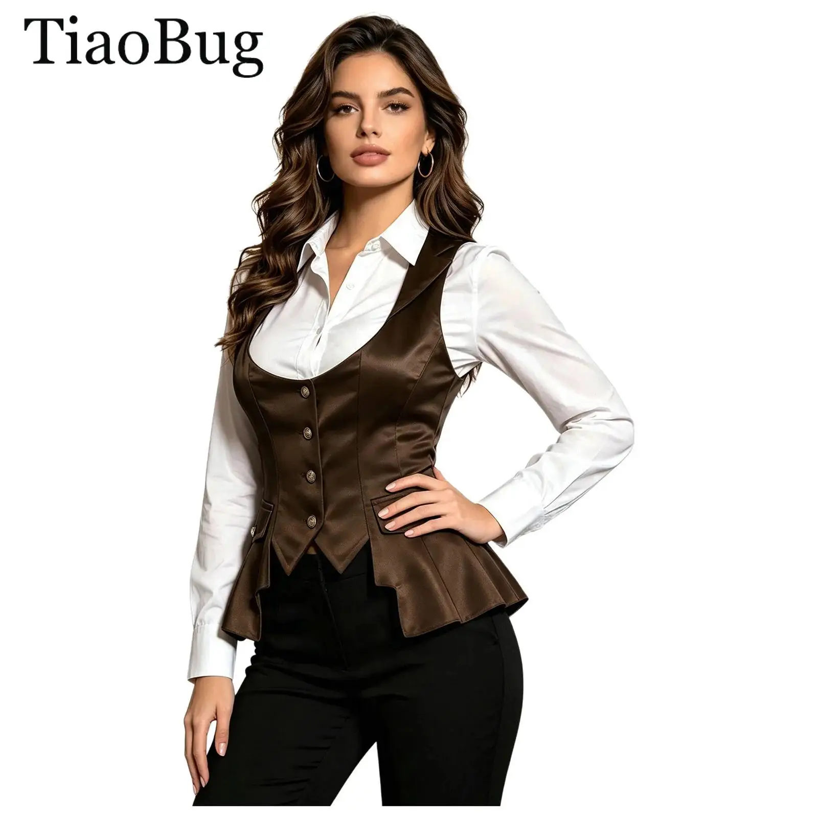 Halloween Vampire Cosplay Costume Adult Women Steampunk Victorian Satin Waistcoat Jacket Tops Sleeveless Medieval Tailcoat Vest