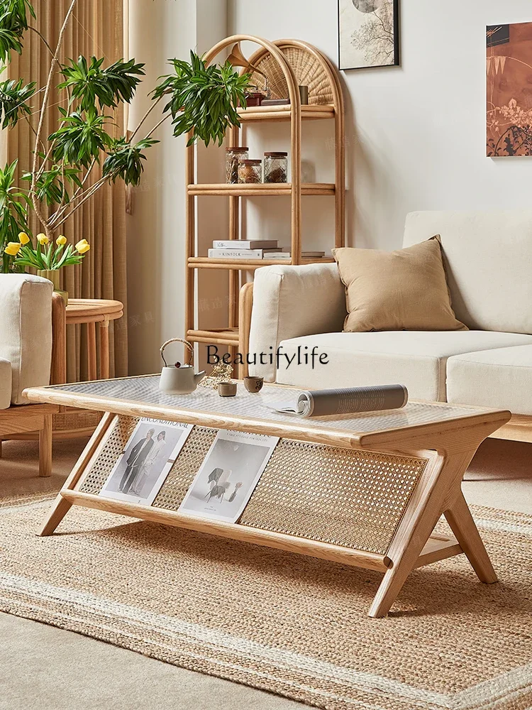 

yj5Solid Wood Long End Table Bedside Table Sofa Side Table Bookshelf Glass Solid Wood Magazine Rack