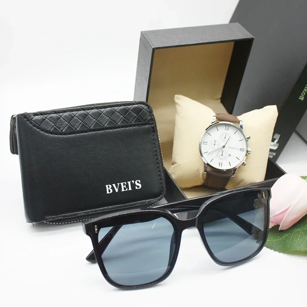 เซ็ต4ชิ้นแว่นกันแดดดีไซเนอร์กระเป๋าเงินผู้ชายเล็กนาฬิกาหรูสำหรับผู้ชายสร้อยข้อมือคลาสสิกแบบดั้งเดิมกล่องรวมกับงานปาร์ตี้ออฟฟิศ