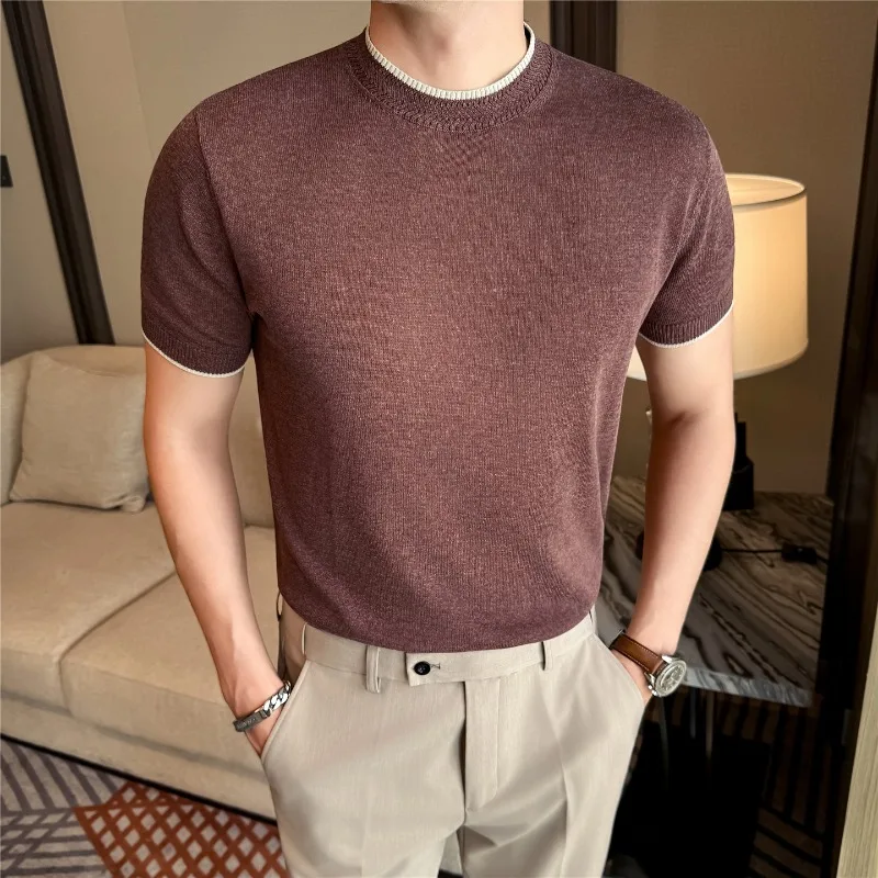 High Quality Men Short Sleeve Knitted T-Shirt Summer Light Thin High Elastic T-Shirt Solid Casual Slim Fit Half High Collar Top
