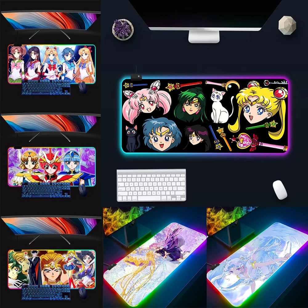 

Anime Sailors Moons RGB Pc Gamer Keyboard Mouse Pad Mousepad LED Glowing Mouse Mats Rubber Gaming Computer Mausepad