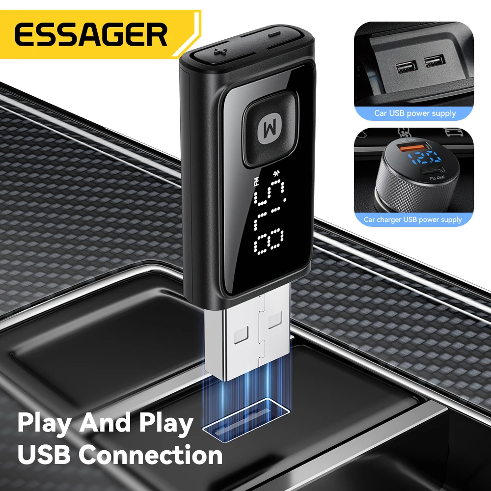 Essager bluetooth 5.4 adaptador de carro transmissor fm sem fio receptor de áudio com microfone de chamada handsfree para acessórios estéreo automóveis