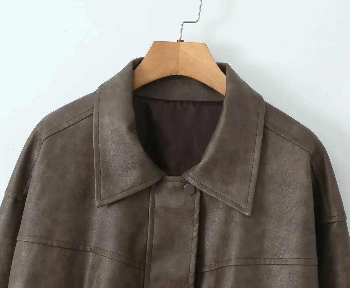 เสื้อโค้ทหนังแท้สไตล์เรโทรอเมริกัน สีน้ำตาลเข้ม แนวเท่ หวานซ่อนเปรี้ยว สำหรับผู้หญิง ฤดูใบไม้ผลิ ฤดูใบไม้ร่วง รุ่นใหม่ สไตล์สปอร์ต สีน้ำตาลเข้ม