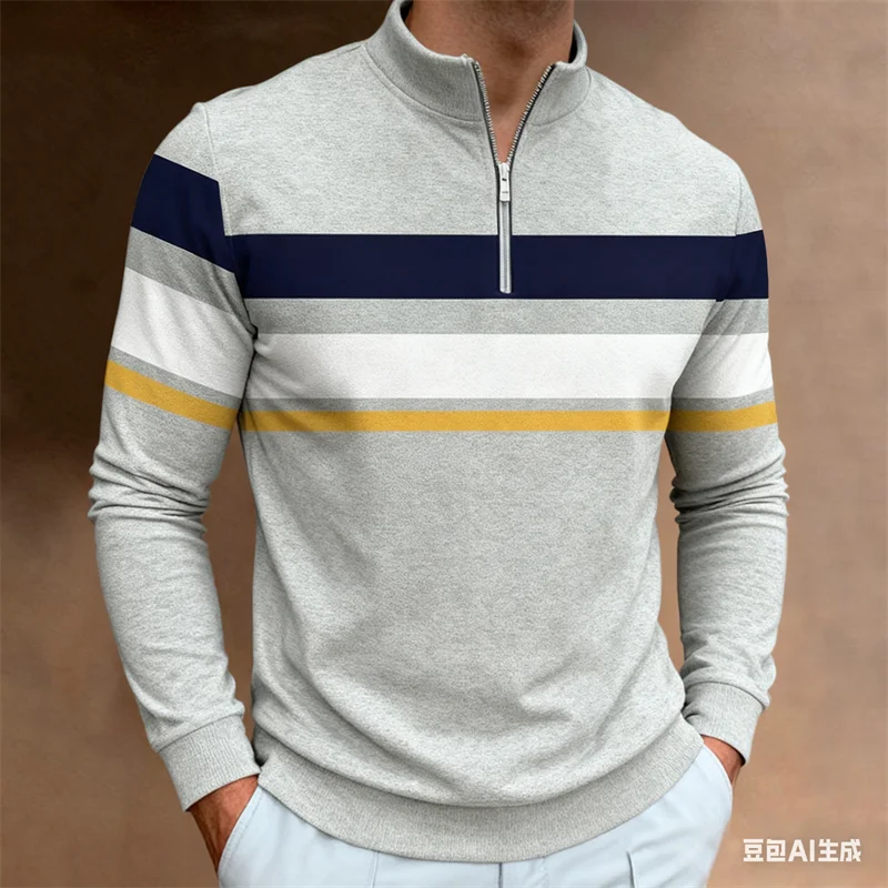 เสื้อเชิ้ตผู้ชายคอตั้งแบบซิปครึ่งตัว ลายพิมพ์ 3 มิติ ลายทาง สำหรับฤดูใบไม้ร่วง สไตล์ลำลองธุรกิจ แห้งเร็ว ผลิตจากโพลีเอสเตอร์ แขนยาว