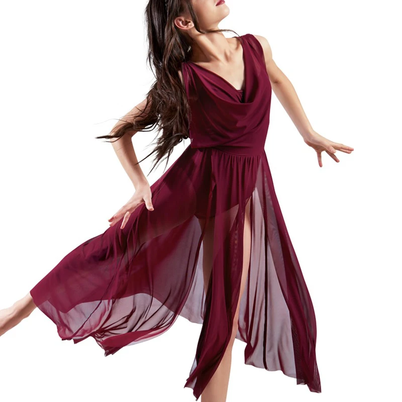 Vestido lírico largo hasta el suelo para mujer, leotardo de lentejuelas con abertura frontal lateral, traje de baile contemporáneo, alta calidad