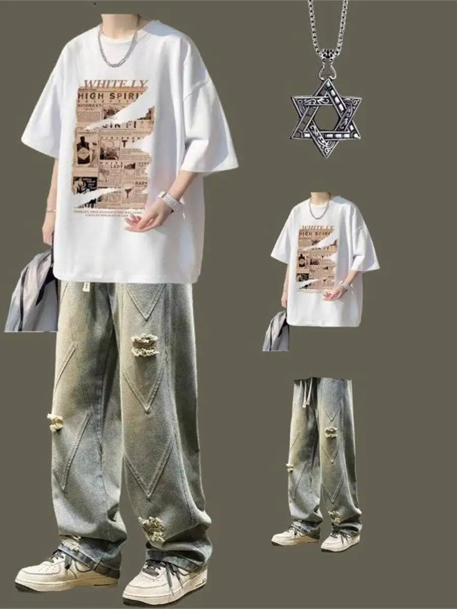 アメリカンスタイルの純綿半袖tシャツボーイズカジュアルファッション夏クールジーンズパンツセットユースレジャースポーツウェア