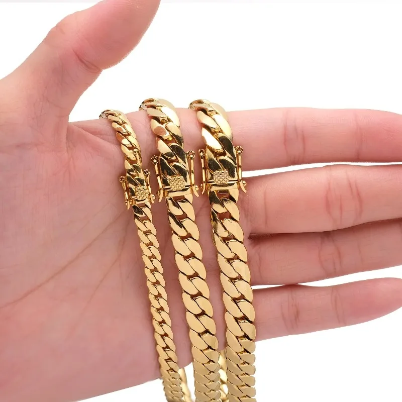 18K Gold Plated Waterproof Stainless Steel Bracelet Necklace Men Hiphop Cuban Whip Chain Necklace 6mm/ 8.8mm/9.6mm 16